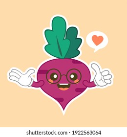 Beetroot character flat design. Isolated cartoon purple beetroot with kawaii face on color background. Colorful friendly purple beet vegetable. Cute design For vegetarian, vegan product.