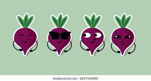 Beetroot characters with expressive faces and green tops in flat cartoon style sticker set isolated on white background