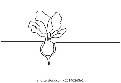 Beterraba em estilo de desenho de arte de linha contínua. Beterraba de jardim preto esboço linear isolado no fundo branco. Uma linha contínua desenhando beterraba orgânica saudável inteira para a identidade do logotipo da plantação