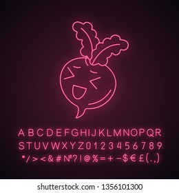 Beetroot cute kawaii neon light character. Vegetable with smiling face. Happy food. Funny emoji, emoticon, smile. Glowing icon with alphabet, numbers, symbols. Vector isolated illustration