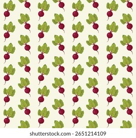 Beetroot, dark red fruits with green leaves, seamless vector pattern for fabric, wallpaper, booklets, design.