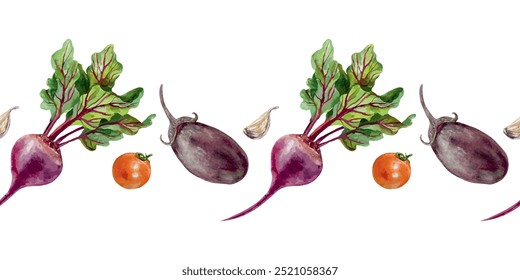 Beterraba, berinjela, tomate, alho aquarela. Fronteira sem costura vegetal. Ilustração de vetor desenhada à mão. Para embrulhar papel, rótulo, tecido, tampas.
