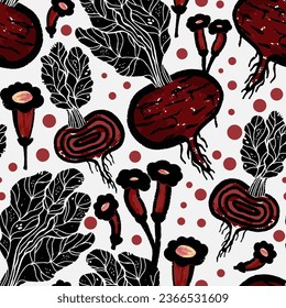 Beetroot and flowers, graphics. Cartoon style, textured vegetables. Vector seamless pattern.