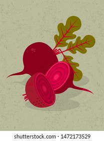 Beetroot and halves of beetroot illustration. Red beetroot, leaves and flowers on shabby background. organic product.