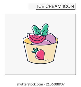 Beetroot Ice Cream Color Icon. Delicious Dessert. Tasty Frozen Ice Balls In Paper Bowl With Sliced Beetroot And Parsley Decoration. Vegetable Sundae. Isolated Vector Illustration