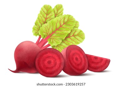 La remolacha está aislada en un fondo blanco. remolacha roja fresca entera, media, cuartos y rodajas con hojas. Ilustración vectorial 3d realista de la comida vegetariana. La comida es deliciosa para ensaladas, sopas, borscht.