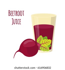Beetroot juice, beetroot and slices. Cartoon flat style. Vegetarian fresh raw food.