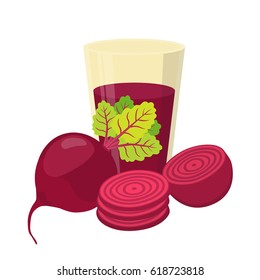 Beetroot juice, beetroot and slices. Cartoon flat style. Vegetarian fresh raw food.