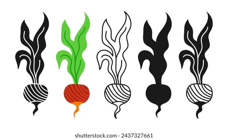 Icono lineal de remolacha, conjunto de símbolos de dibujos animados. Forma de silueta de comida dibujada a mano, garabato de remolacha roja. Elemento de diseño de icono simple de nutrición de dieta. Símbolo de remolacha para infografía, sitio web, logo de la aplicación. Vector