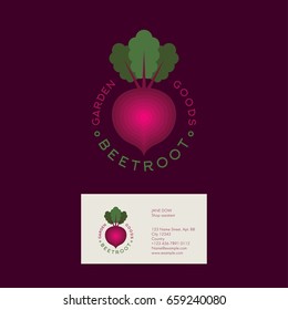 Beetroot logo. Garden goods or organic market emblems. Red beet with leaves and letters in a circle. Identity. Business card.