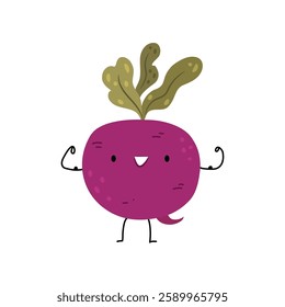 Beetroot mascot isolated active and strong cartoon character. Vector concept of healthy food for children with funny cute vegetable. Organic diet for vegans, sticker personage