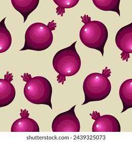 Beetroot on a light background. Purple beets. View from above. Beet wallpaper. Flat vector beet seamless pattern. Decorative background with vegetables.