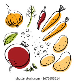 remolacha, cebolla, patatas, zanahorias, pimienta, laurel, eneldo. Colorida colección de bocetos de verduras y hierbas aisladas en fondo blanco. Íconos de verduras dibujados a mano. Ilustración del vector