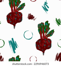 Beetroot pattern drawn with a rough paint brush, brush strokes and circles. Vector seamless pattern. For design, print, background, fabric, wallpaper, paper