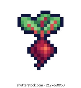Beetroot pixel art icon. Radish crop logo. 8-bit sprite. Game development, mobile app.  Isolated vector illustration