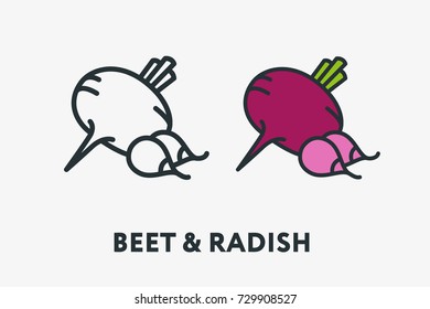 Beetroot and Radish Plant Vegetable Farm Minimal Flat Line Outline Colorful and Stroke Icon Pictogram