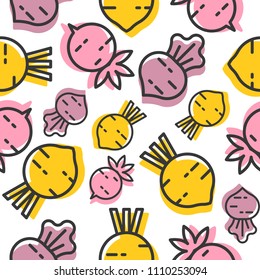 Beetroot and radish seamless pattern, outline vegetable wallpaper