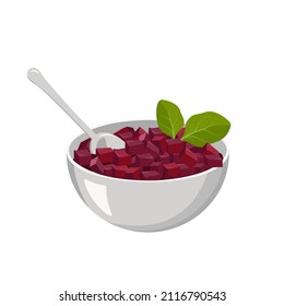 Ensalada de remolacha con hojas en el tazón y con cuchara. Cocinando deliciosa comida saludable con hojas de espinacas. Ilustración plana del vector