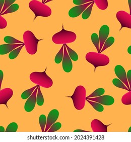 Beetroot seamless pattern. 3d beets on an orange background. Vector three-dimensional pattern.