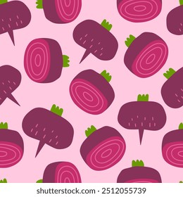 Padrão sem emenda de beterraba. Impressão vegetal de beterraba rosa fresca para cozinha, menu, design de pacote de alimentos. Ilustração de vetor plana desenhada à mão. Produto orgânico saudável bonito.