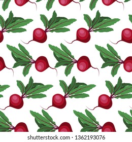 Beetroot seamless pattern with healthy full of vitamins  beetroot and leaves isolated on white background. Vector cartoon illustration
