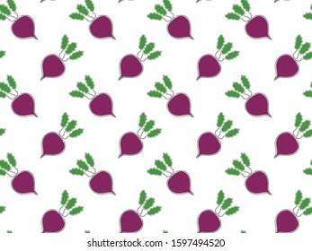 Beetroot seamless pattern with tops on a white background. Contours from one line. Vector.