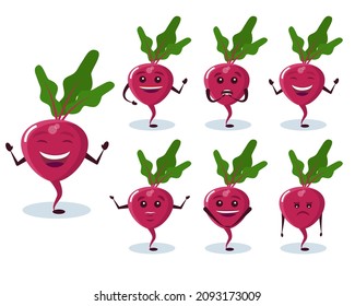 Beetroot set - character and emotions. Anthropomorphic hero. Vector illustration in cartoon style.
