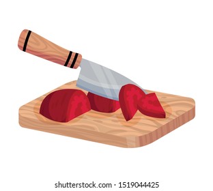 Beetroot Sliced On Wooden Board With Knife Isolated On White Background