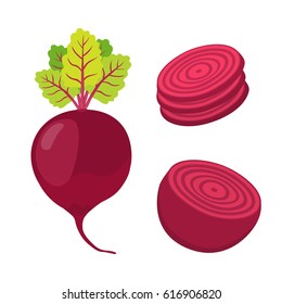 Beetroot and slices. Cartoon flat style. Vegetarian fresh raw food.