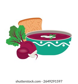 Sopa de beterraba ou borscht com nata azeda, um pedaço de pão e verdes em um prato. Ilustração vetorial do primeiro curso, ícone de cor