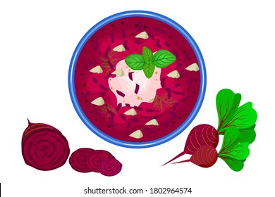 Beetroot soup isolated on white background. Delicious hot borscht soup and beetroot slices near. Tasty vegetable creamy soup in plate top view. Beet root delicious soup. Stock vector illustration