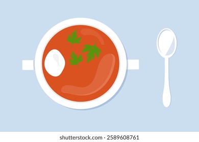 Beetroot or tomato soup garnished with sour cream and parsley. Borscht bowl with spoon. Vector illustration top table view.