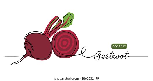 Beetroot vector illustration, background. One line drawing art illustration with lettering organic beetroot.