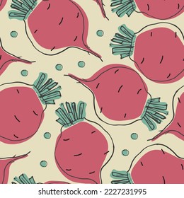 Beet Vegetables patrón sin fisuras. Antecedentes vegetarianos sanos de alimentos biológicos, productos ecológicos vegan orgánicos. Ilustración vectorial.