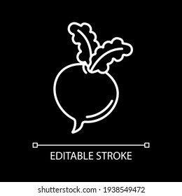 Beetroot white linear icon for dark theme. Fresh vegetable. Farmers market food. Thin line customizable illustration. Isolated vector contour symbol for night mode. Editable stroke