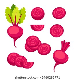 Beetroots set. Fresh red beetroot slices and leaves on white background