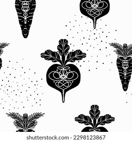 Beets and carrots. Vector seamless pattern. Modern texture illustration in linocut style, symmetrical, with cut out ornament. Black silhouette hand drawing. For design, print, wallpaper, fabric, paper