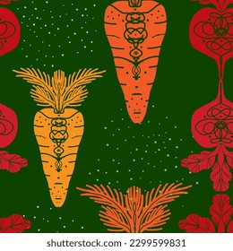 Beets and carrots. Vector seamless pattern. Modern texture illustration in linocut style, symmetrical, cut out ornament, silhouette hand drawn. For design, print, wallpaper, fabric, paper