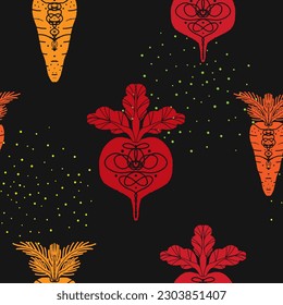 Beets and carrots. Vector seamless pattern. Modern texture illustration in linocut style, symmetrical, cut out ornament, silhouette hand drawn. For design, print, wallpaper, fabric, paper
