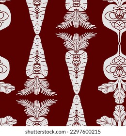 Beets and carrots, vegetables in linocut style. Vector seamless pattern. For design, print, wallpaper, textile, paper, fabric, clothing.