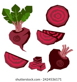 Beets nutritious root vegetable design elements set, flat vector illustration isolated on white background. Beetroot various designs for food packaging and textile.