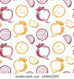 Beets and turnips, whole and slices. Seamless pattern with vegetables. Vector illustration.