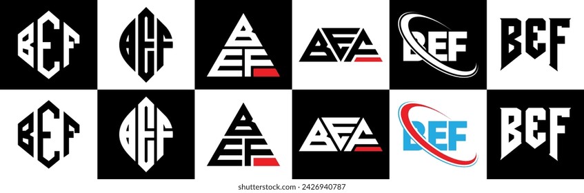 BEF-Buchstaben-Logo-Design in sechs Stil. BEF-Polygon, Kreis, Dreieck, Sechseck, flacher und einfacher Stil mit schwarz-weißem Farbvariationsbuchstaben-Logo in einem Zeichenbrett gesetzt. BEF minimalistisches und klassisches Logo