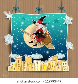 Befana, a character in the tradition of Italian epiphany a witch on a broomstick with a sack full of gifts on background theatrical choreography-transparency blending effects- EPS 10