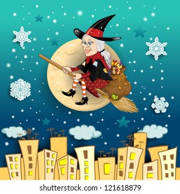 Befana, un personaje de la tradición de la epifanía italiana una bruja en un palo de escoba con un saco lleno de regalos sobre el paisaje de la ciudad de fondo - la transparencia de los efectos de mezcla y la malla gradiente-EPS 10