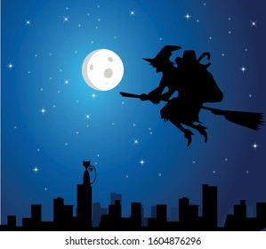 Befana flying in the sky with the moon, stars, the city and a cat