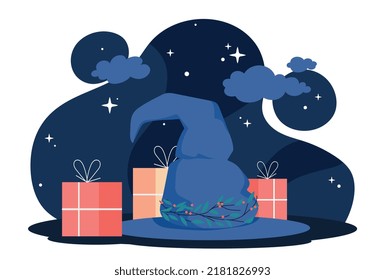 Befana hat concept. Traditional intalian fictional character for New Year and Christmas celebrations. Winter holidays and gifts for others. Poster or banner. Cartoon flat vector illustration