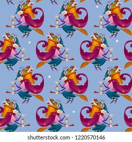 Befana. Old woman flying on a broomstick with a basket of gifts for children. Italian Christmas tradition. Seamless background pattern. Vector illustration  