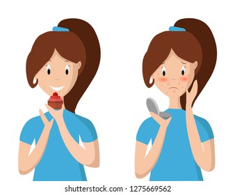 Before and after acne face allergies. Flat cartoon style vector illustration.