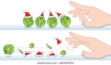 Before and After Action of a group of Happy Green Brussel Sprouts wearing Santa Hats being Flicked by a Finger